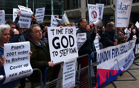 LONDON, 28 March 2010 - The Protest The Pope campaign demonstrates outside Westminster Cathedral against the Pope's cover-up of sex abuse by Catholic clergy.