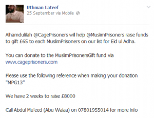 Uthman Lateef raises money for terrorist prisoners